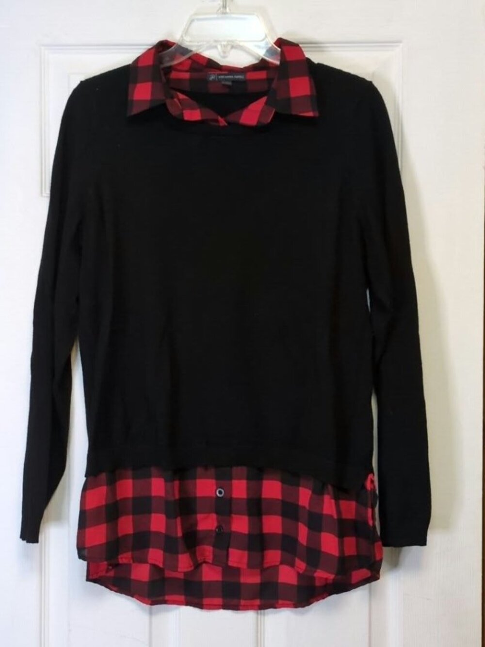 Adrianna Papell Buffalo Plaid Layered Twofer Sweater Collared Black Red Sz Lg